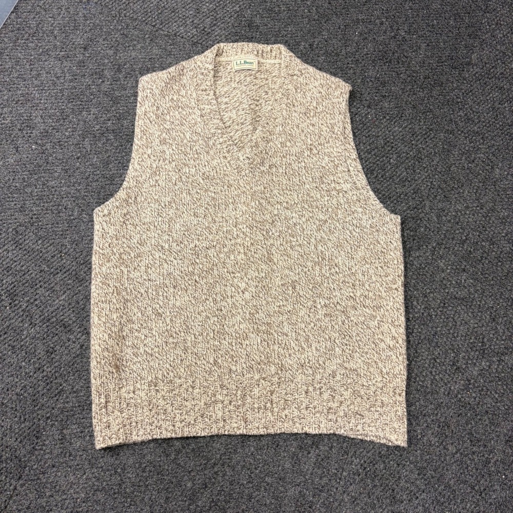 Vintage LL Bean V-Neck Sweater Vest Mens Large Oatmeal Marl Knit Freeport Maine